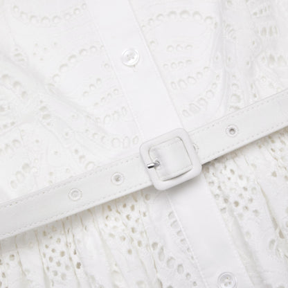 Beyaz Pamuklu İşlemeli Midi Elbise