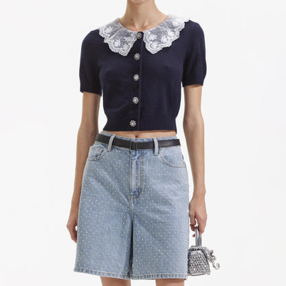 Lacivert Kaşmir Karışımlı Yaka Hırka