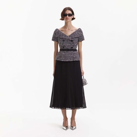 Siyah Bukle Omuz Açık Midi Elbise