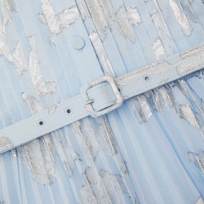 Mavi Metalik Şifon Uzun Elbise