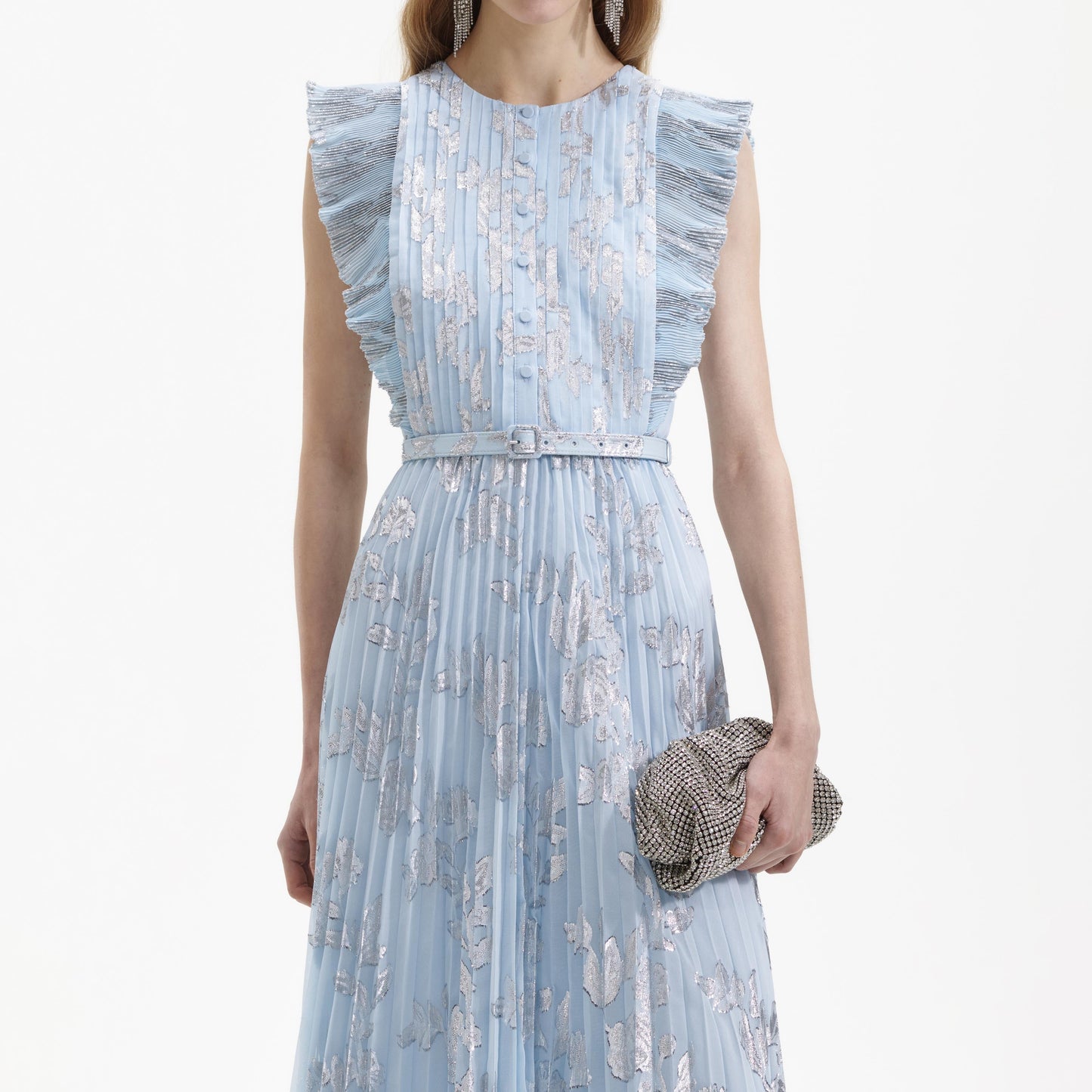 Mavi Metalik Şifon Uzun Elbise