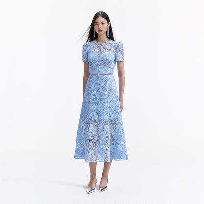 Mavi Kordon Dantel Fiyonklu Midi Elbise