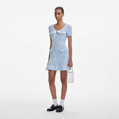 Mavi Kareli Örme Mini Elbise