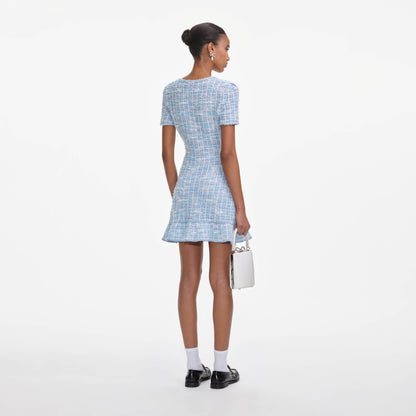 Mavi Kareli Örme Mini Elbise