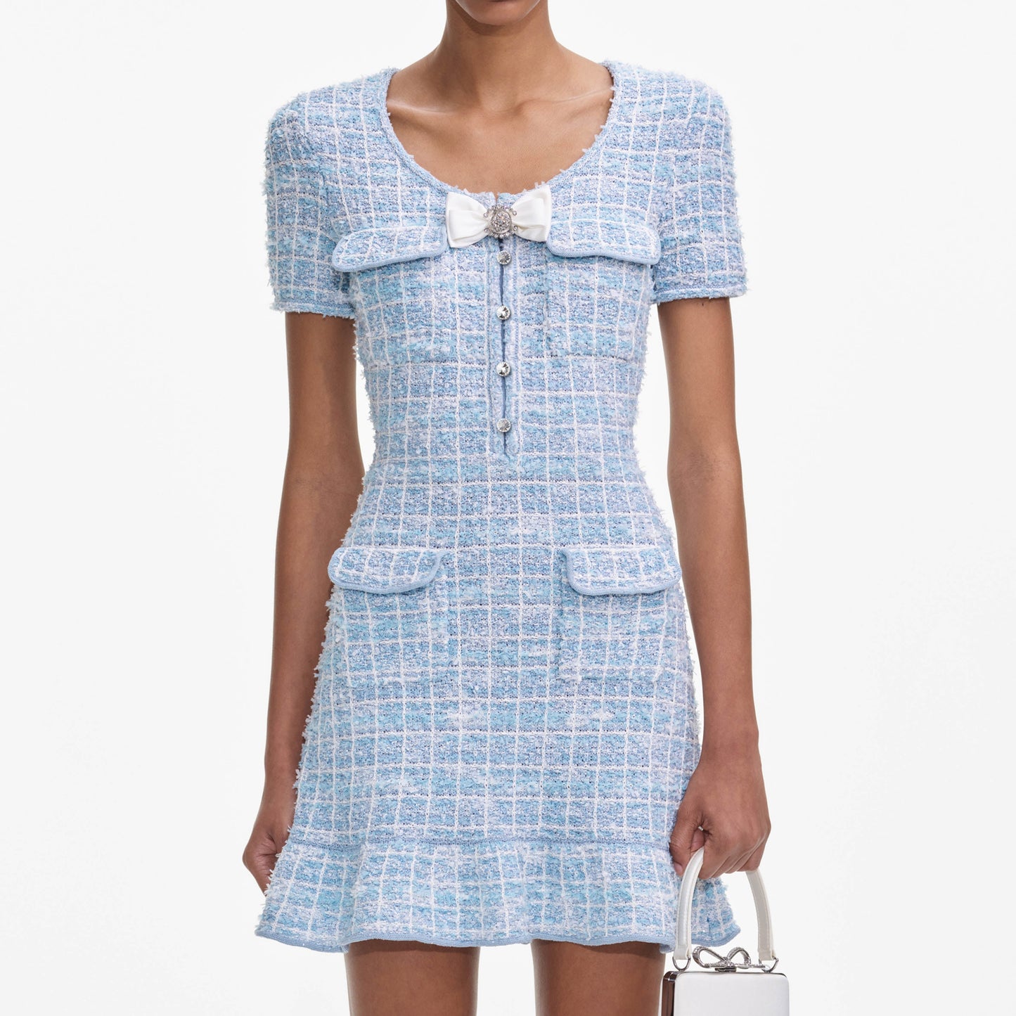 Mavi Kareli Örme Mini Elbise