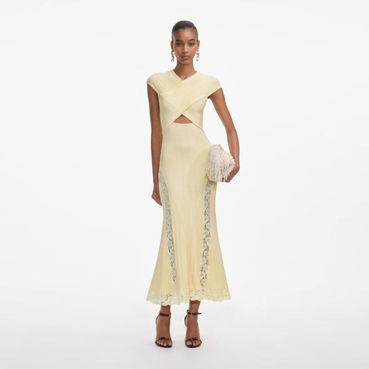 Sarı Örgü Dantel Ekli Midi Elbise