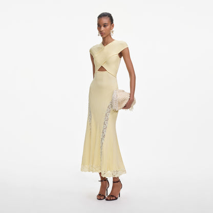 Sarı Örgü Dantel Ekli Midi Elbise