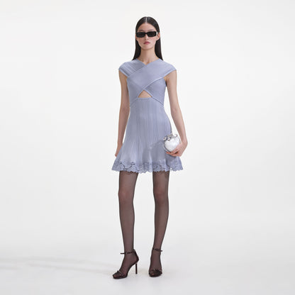 Mavi Örgü Dantelli Mini Elbise