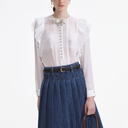 Beyaz Şifon Volanlı Üst