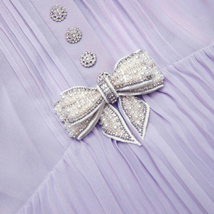 Leylak Şifon Volanlı Uzun Elbise