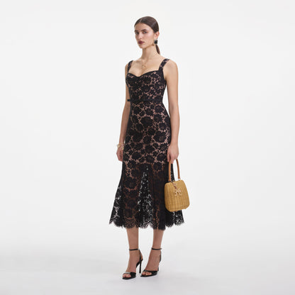 Siyah İnce Dantel Midi Elbise