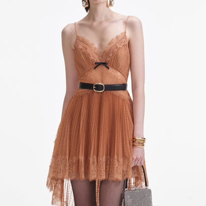 Tan Noktalı File Mini Elbise