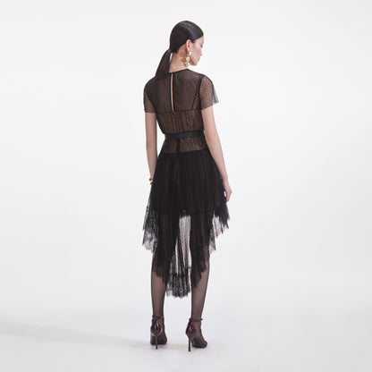 Siyah Noktalı File Mini Elbise