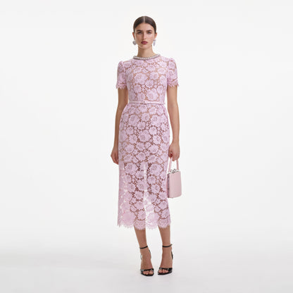 Pembe İnce Dantel İnci Midi Elbise