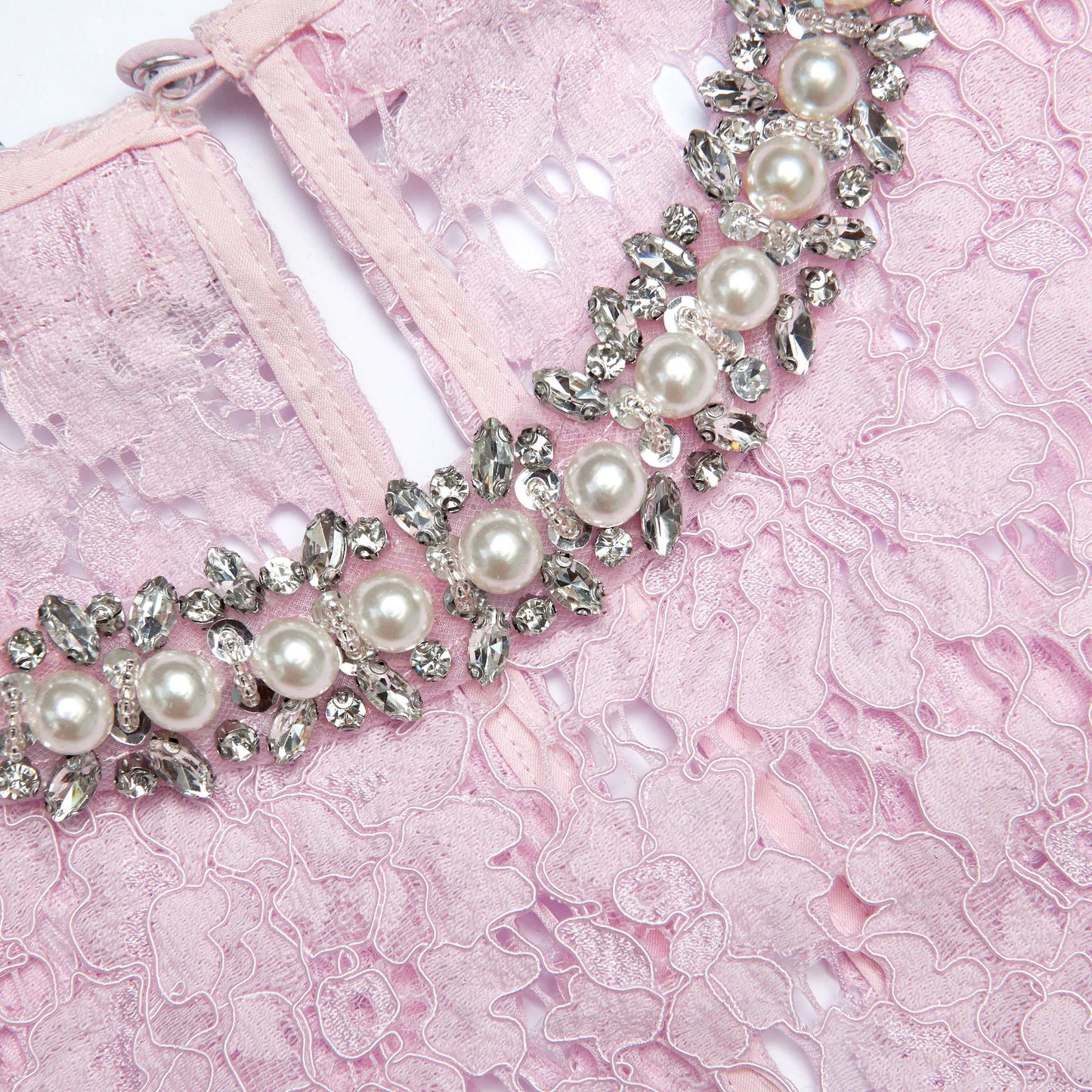 Pembe İnce Dantel İnci Midi Elbise