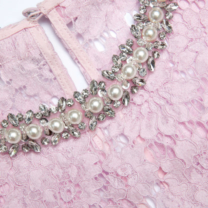 Pembe İnce Dantel İnci Midi Elbise