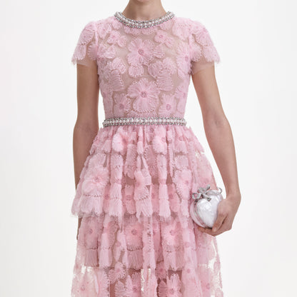 Pembe Süslemeli Tül Uzun Elbise
