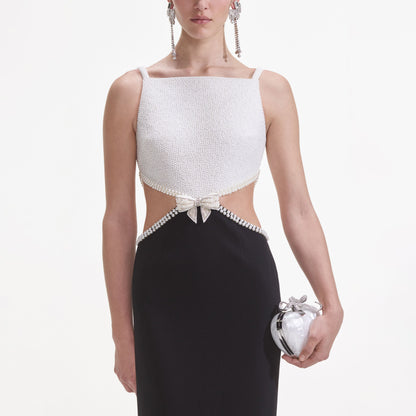 Siyah Beyaz Krep Uzun Elbise