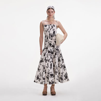 Çiçek Desenli Keten Midi Elbise