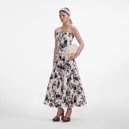 Çiçek Desenli Keten Midi Elbise