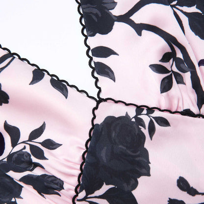 Pembe Saten Çiçekli Midi Elbise