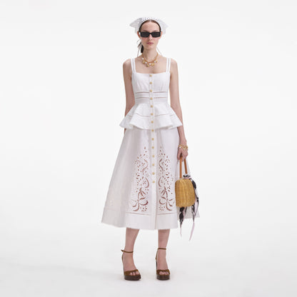 Krem Keten Peplum Midi Elbise