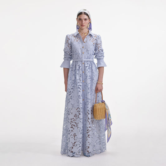 Mavi Dantel Yakalı Uzun Elbise