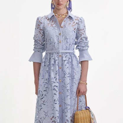 Mavi Dantel Yakalı Uzun Elbise