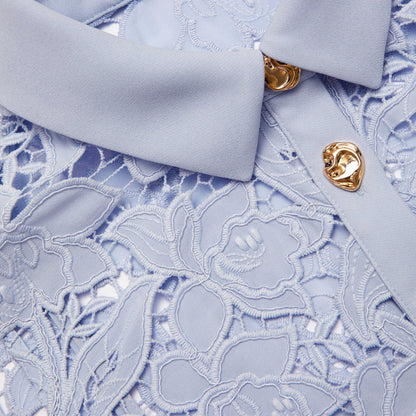 Mavi Dantel Yakalı Uzun Elbise