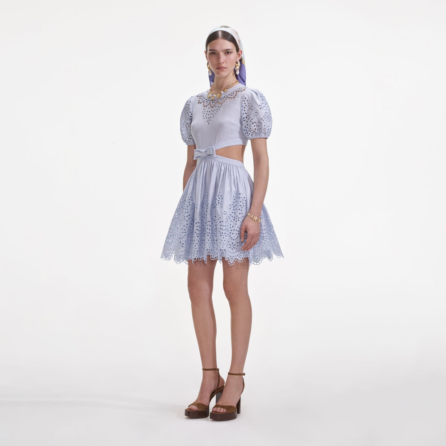 Mavi İşlemeli Keten Mini Elbise