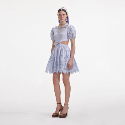 Mavi İşlemeli Keten Mini Elbise