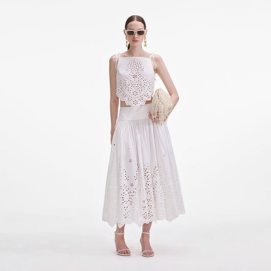 Beyaz Pamuklu İşlemeli Midi Etek