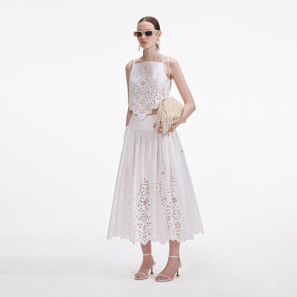 Beyaz Pamuklu İşlemeli Midi Etek