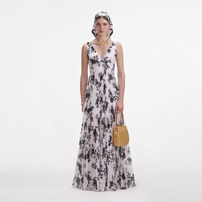 Çiçek Desenli Şifon Uzun Elbise