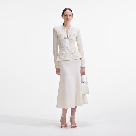 Krem Pullu Örgü Midi Elbise