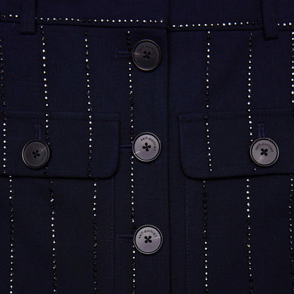 Lacivert Taşlı İnce Çizgili Midi Etek