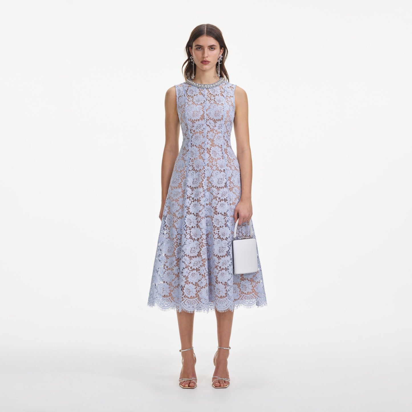 Mavi İnce Dantel İnci Midi Elbise