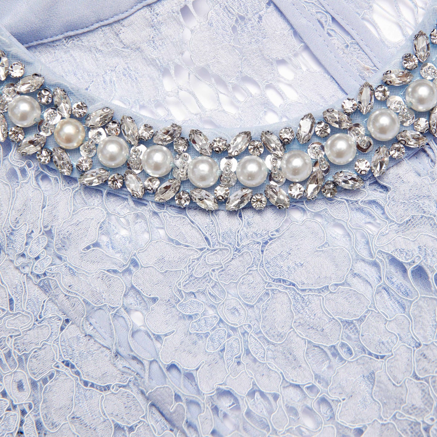 Mavi İnce Dantel İnci Midi Elbise