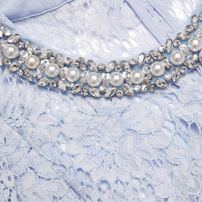 Mavi İnce Dantel İnci Midi Elbise