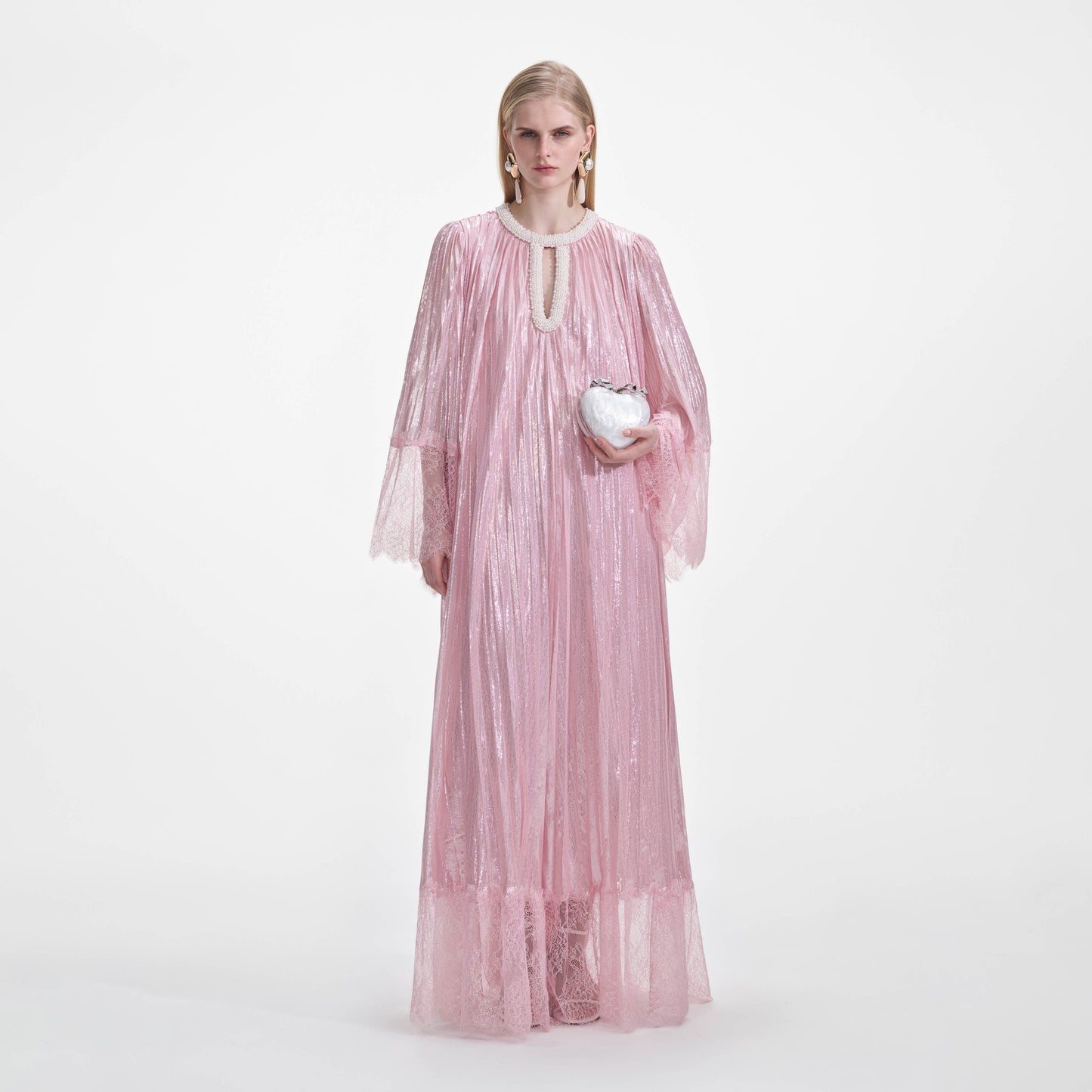 Pembe Metalik İnci Uzun Elbise