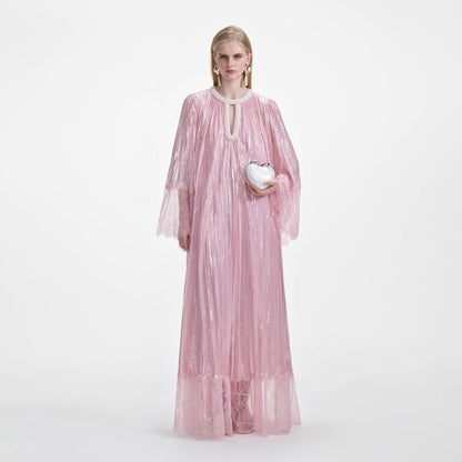 Pembe Metalik İnci Uzun Elbise