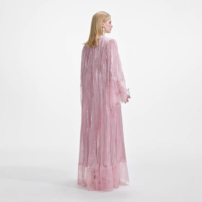 Pembe Metalik İnci Uzun Elbise