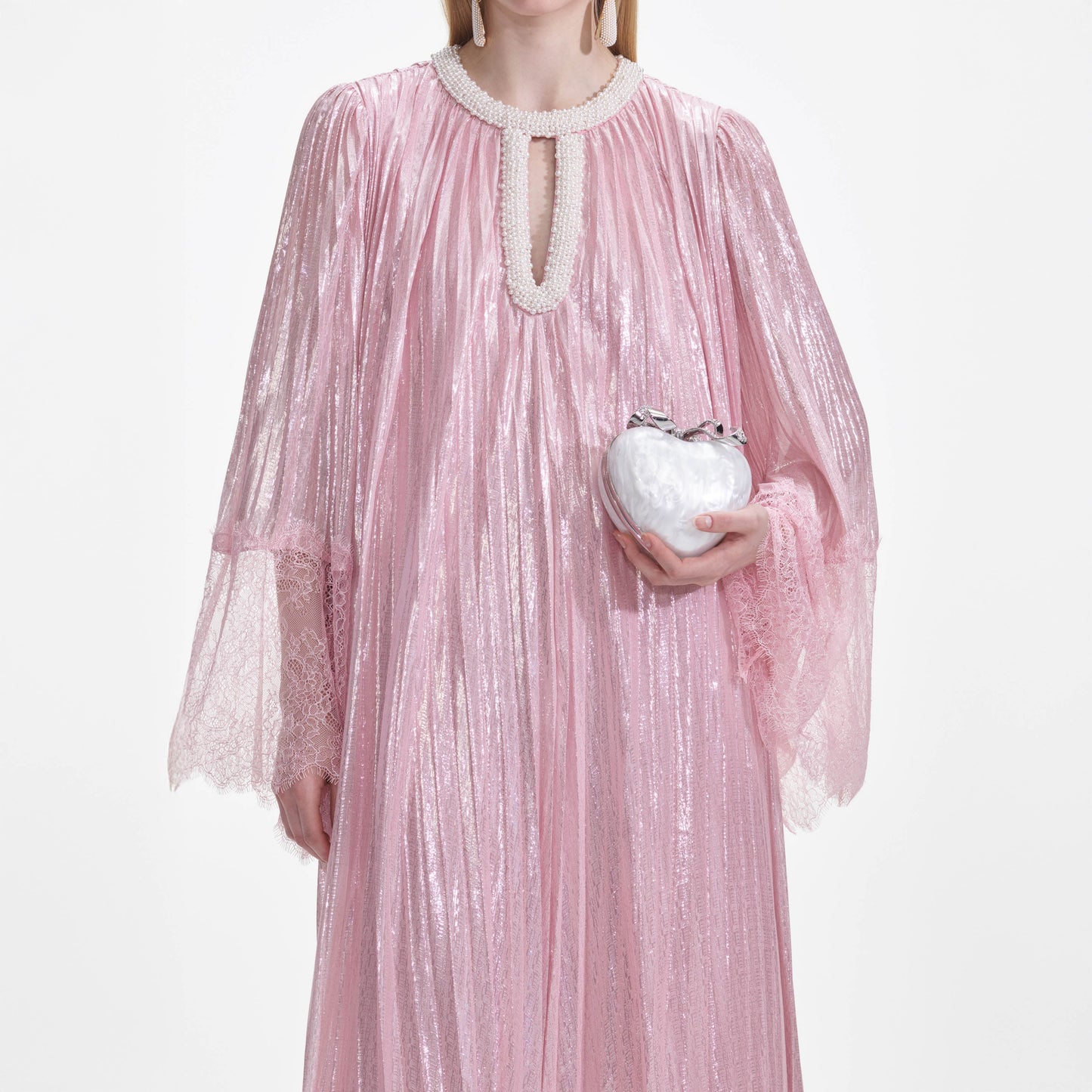 Pembe Metalik İnci Uzun Elbise