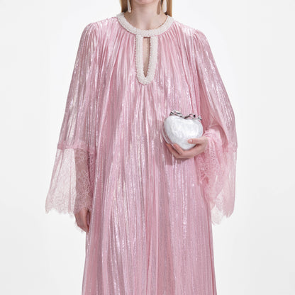 Pembe Metalik İnci Uzun Elbise