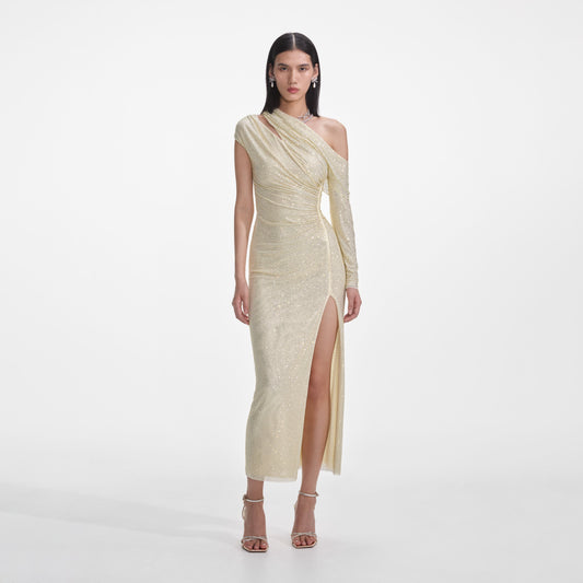 Sarı Taşlı Toparlanmış Midi Elbise