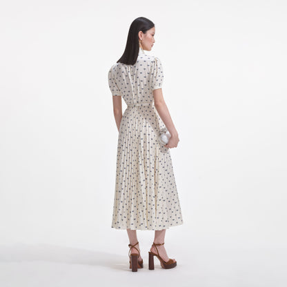 Krem Saten Fiyonk Desenli Midi Elbise