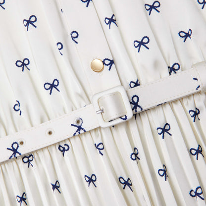 Krem Saten Fiyonk Desenli Midi Elbise