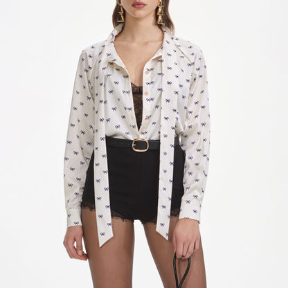 Krem Saten Fiyonk Baskılı Bluz