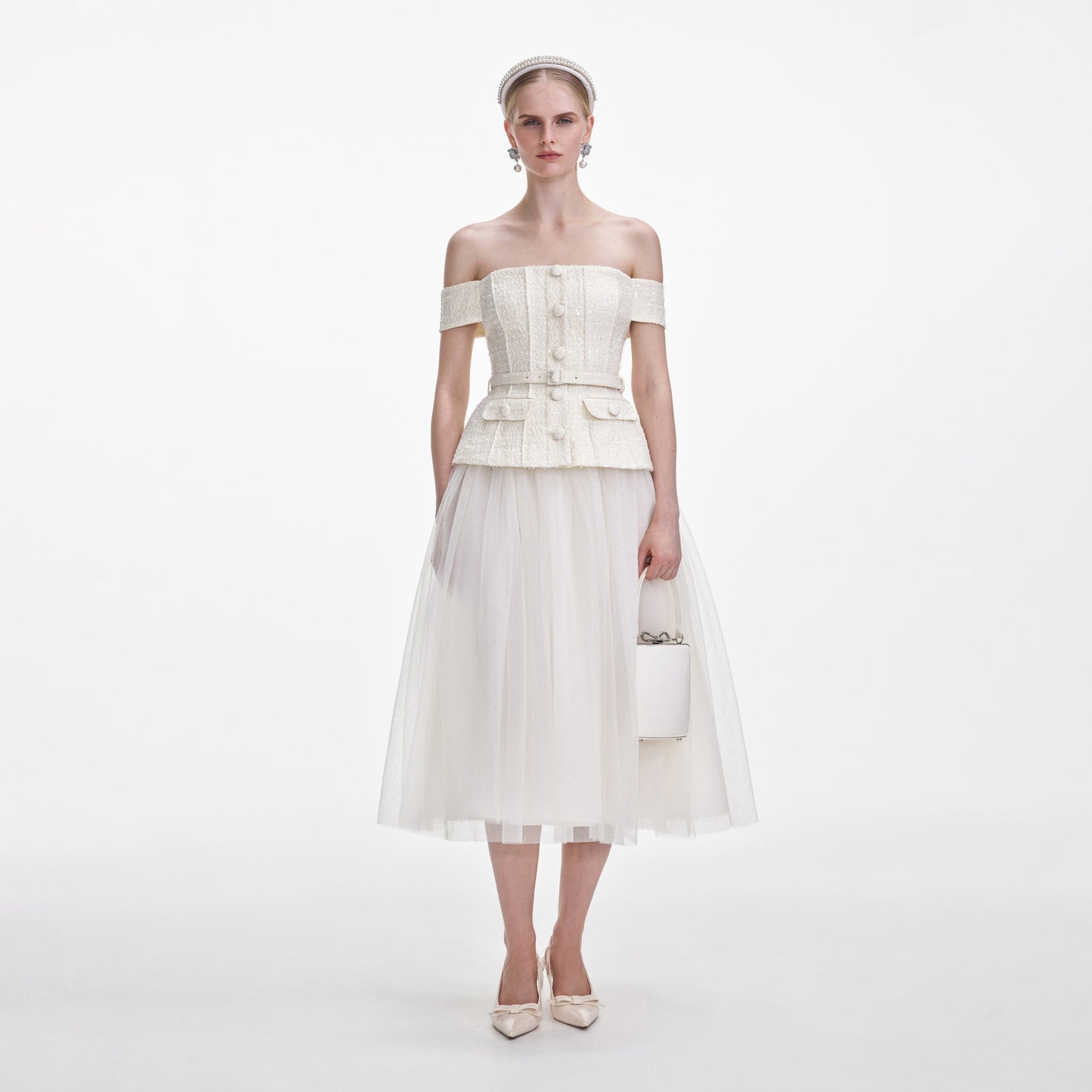 Krem Buklet Tül Midi Elbise