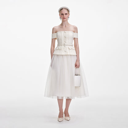 Krem Buklet Tül Midi Elbise